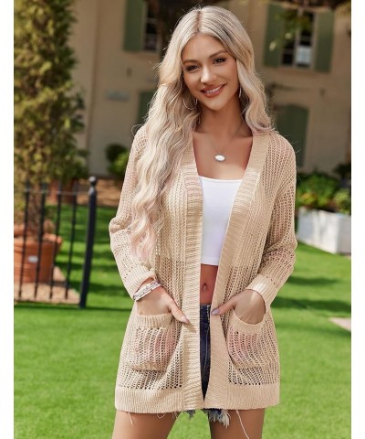 Women 2024 Lightweight Crochet Cardigan Long Sleeve Open Front Knit Sweater Summer Kimono Cover Up with Pockets Khaki $14.19 ...