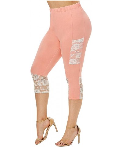 Lace Leggings for Women High Waisted Tummy Control Capri Cropped Leggings Plus Size Stretch Tights Yoga Pants 15-pink $6.83 P...