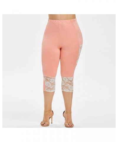 Lace Leggings for Women High Waisted Tummy Control Capri Cropped Leggings Plus Size Stretch Tights Yoga Pants 15-pink $6.83 P...