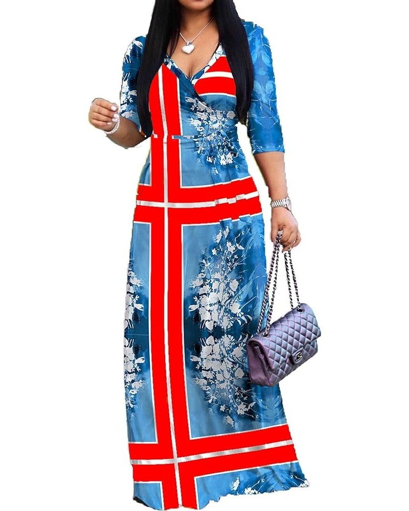 Women's V Neck 3/4 Sleeve Plus Size Long Maxi Dress with Belt 01 Floral-55 $11.60 Dresses