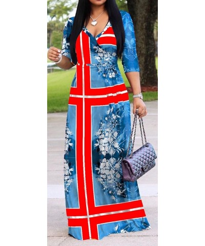 Women's V Neck 3/4 Sleeve Plus Size Long Maxi Dress with Belt 01 Floral-55 $11.60 Dresses