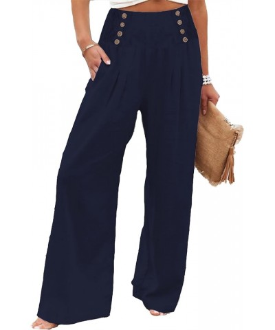 Womens High Waisted Wide Leg Palazzo Pants Casual Lounge Boho Flowy Pants with Pockets 52-navy Blue $19.37 Pants