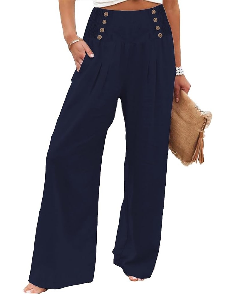 Womens High Waisted Wide Leg Palazzo Pants Casual Lounge Boho Flowy Pants with Pockets 52-navy Blue $19.37 Pants