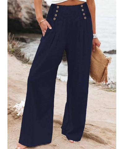 Womens High Waisted Wide Leg Palazzo Pants Casual Lounge Boho Flowy Pants with Pockets 52-navy Blue $19.37 Pants