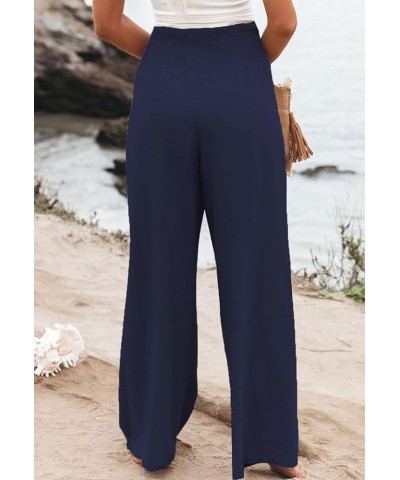 Womens High Waisted Wide Leg Palazzo Pants Casual Lounge Boho Flowy Pants with Pockets 52-navy Blue $19.37 Pants