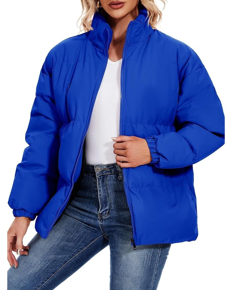 Women's Fashion Winter Long Sleeve Zip Puffer Jacket Pockets Baggy Short Down Coats Royal Blue $31.85 Jackets