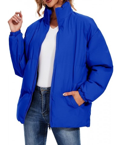 Women's Fashion Winter Long Sleeve Zip Puffer Jacket Pockets Baggy Short Down Coats Royal Blue $31.85 Jackets