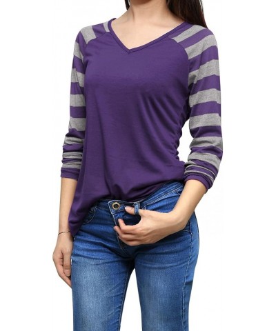 Women's Striped T-Shirt Color Block Long Raglan Sleeve V Neck Baseball Tee Shirt Top Purple $11.52 T-Shirts