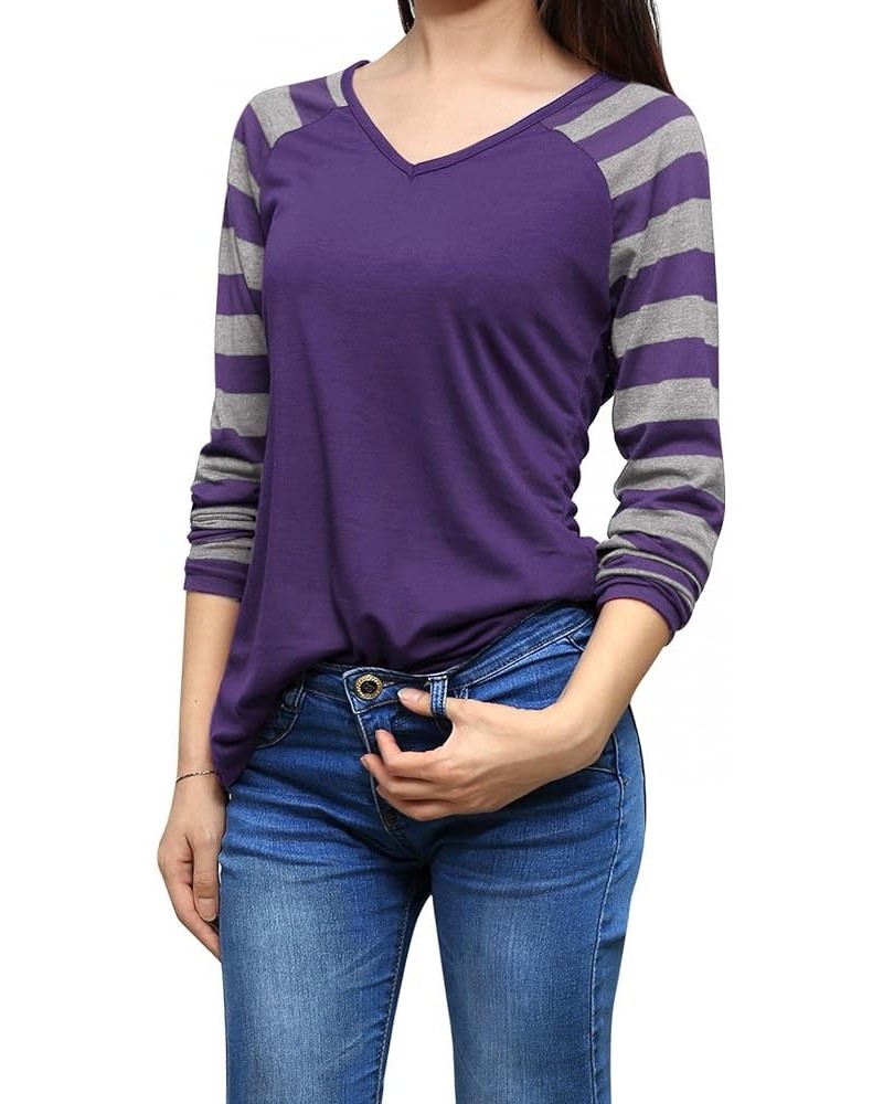 Women's Striped T-Shirt Color Block Long Raglan Sleeve V Neck Baseball Tee Shirt Top Purple $11.52 T-Shirts