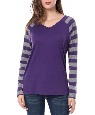 Women's Striped T-Shirt Color Block Long Raglan Sleeve V Neck Baseball Tee Shirt Top Purple $11.52 T-Shirts