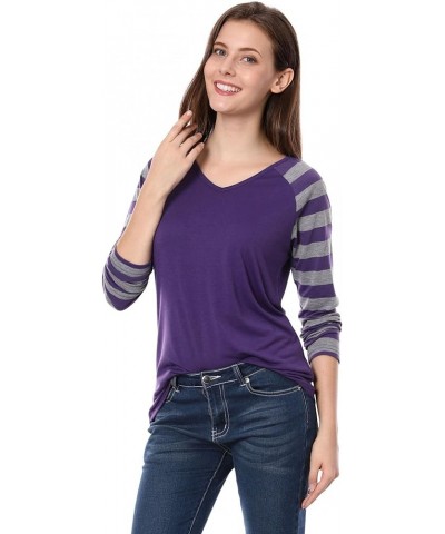 Women's Striped T-Shirt Color Block Long Raglan Sleeve V Neck Baseball Tee Shirt Top Purple $11.52 T-Shirts