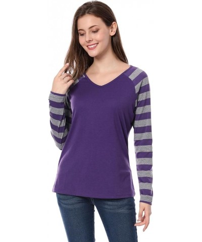 Women's Striped T-Shirt Color Block Long Raglan Sleeve V Neck Baseball Tee Shirt Top Purple $11.52 T-Shirts