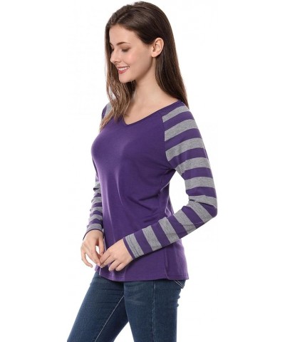 Women's Striped T-Shirt Color Block Long Raglan Sleeve V Neck Baseball Tee Shirt Top Purple $11.52 T-Shirts