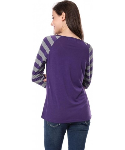 Women's Striped T-Shirt Color Block Long Raglan Sleeve V Neck Baseball Tee Shirt Top Purple $11.52 T-Shirts