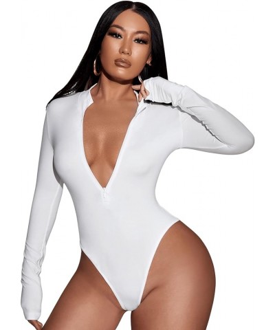 Women's Solid Long Sleeve Zip Front Leotard Bodysuit Tops White $14.23 Bodysuits