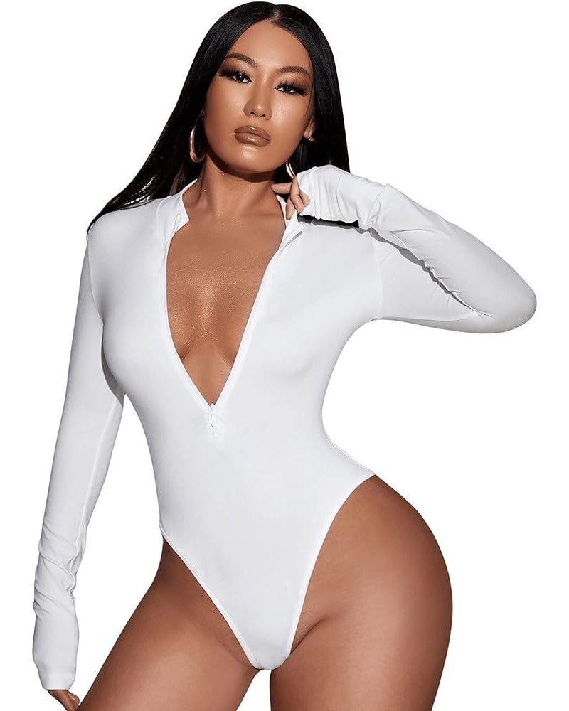 Women's Solid Long Sleeve Zip Front Leotard Bodysuit Tops White $14.23 Bodysuits