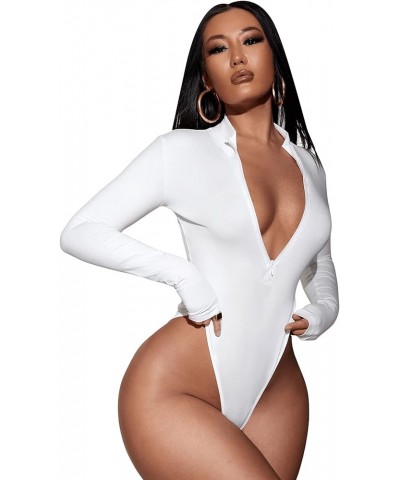 Women's Solid Long Sleeve Zip Front Leotard Bodysuit Tops White $14.23 Bodysuits