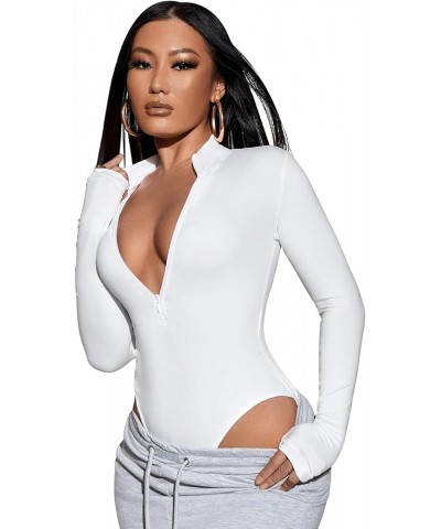 Women's Solid Long Sleeve Zip Front Leotard Bodysuit Tops White $14.23 Bodysuits