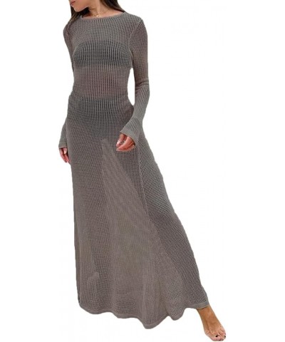 Women Crochet Knit Cover Up Maxi Dress Y2K Sheer Mesh Long Dress Sexy Backless Bikini Bathing Suit Coverups G-a Knitted Grey ...