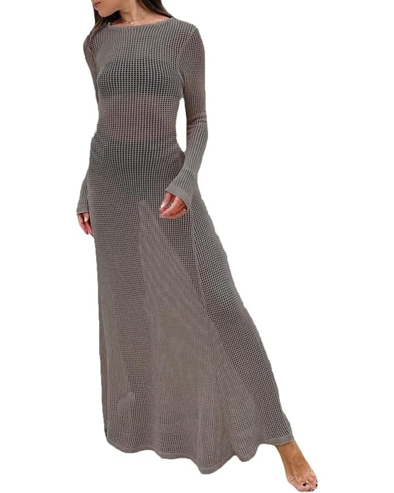 Women Crochet Knit Cover Up Maxi Dress Y2K Sheer Mesh Long Dress Sexy Backless Bikini Bathing Suit Coverups G-a Knitted Grey ...