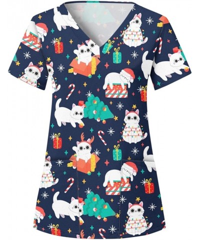 Christmas Scrubs Tops for Women,2023 Fall Winter Trendy Xmas Print Work Nursing Uniform,Casual V Neck Short Sleeve Shirts F-n...