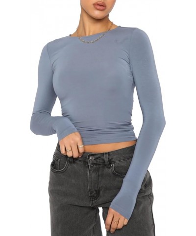 Women Long Sleeve Top Y2k Solid Color Crewneck Slim Fitted Going Out T Shirts Xmas Valentines Day Baisc Crop Tops A Light Blu...