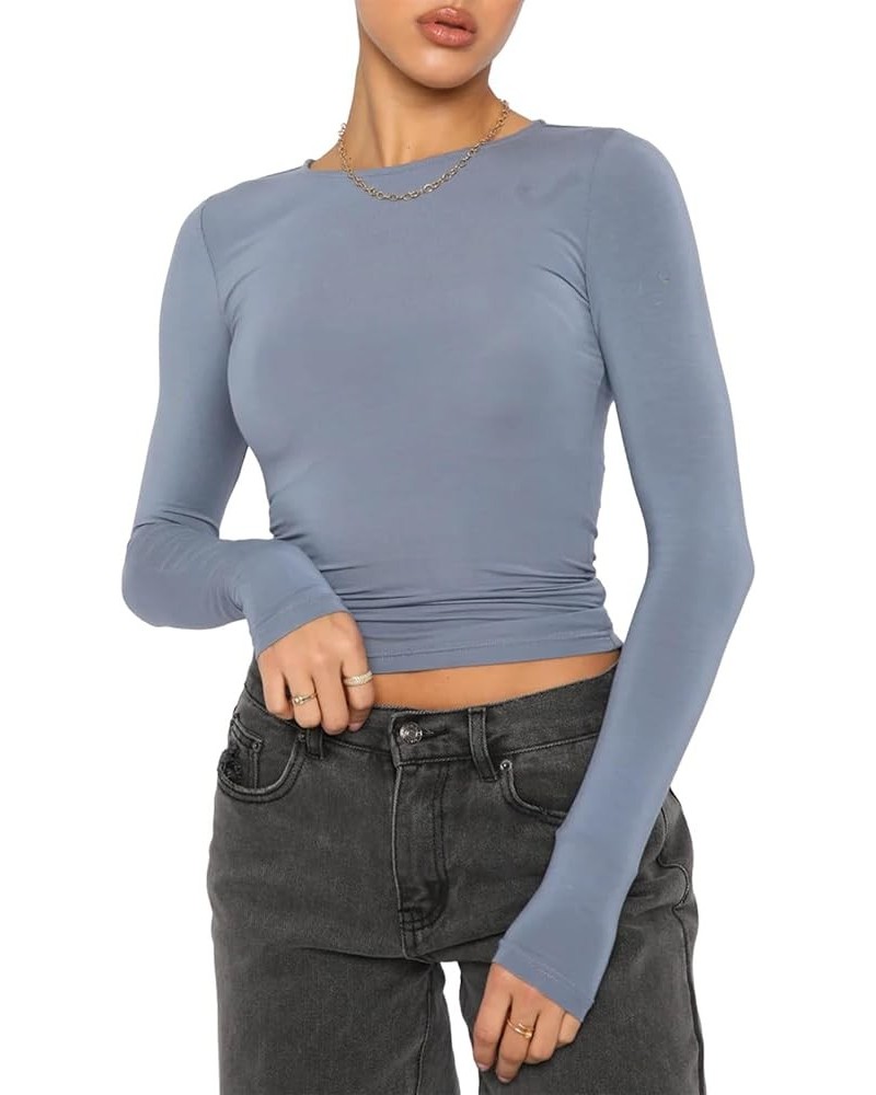 Women Long Sleeve Top Y2k Solid Color Crewneck Slim Fitted Going Out T Shirts Xmas Valentines Day Baisc Crop Tops A Light Blu...