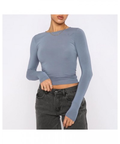 Women Long Sleeve Top Y2k Solid Color Crewneck Slim Fitted Going Out T Shirts Xmas Valentines Day Baisc Crop Tops A Light Blu...