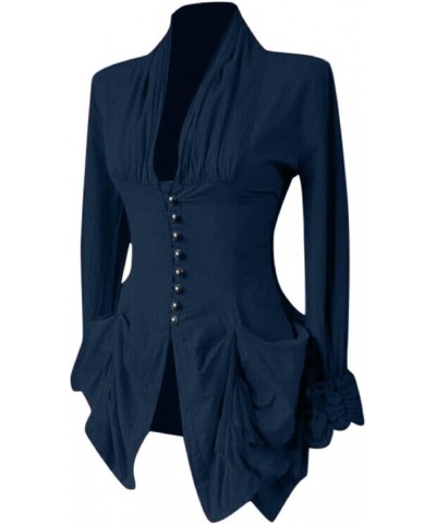 Womens Blazer Dressy Puff Sleeve Single Button Peplum Comfy Vintage Blazers Retro Solid Color Irregular Jackets Navy $5.60 T-...