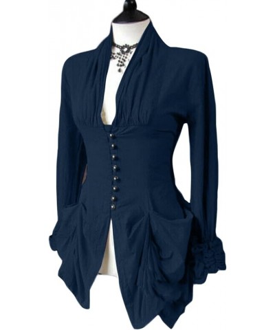 Womens Blazer Dressy Puff Sleeve Single Button Peplum Comfy Vintage Blazers Retro Solid Color Irregular Jackets Navy $5.60 T-...