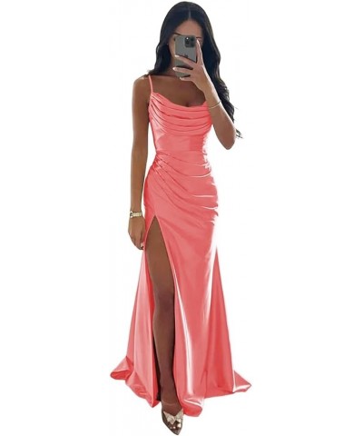 Women's Spaghetti Straps Satin Bridesmaid Dresses Long Cowl Neck Mermaid Formal Party Dresses with Slit QA095 Coral $26.68 Dr...