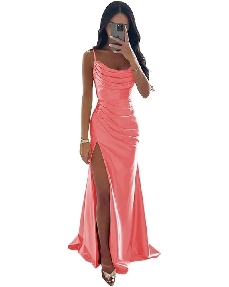 Women's Spaghetti Straps Satin Bridesmaid Dresses Long Cowl Neck Mermaid Formal Party Dresses with Slit QA095 Coral $26.68 Dr...