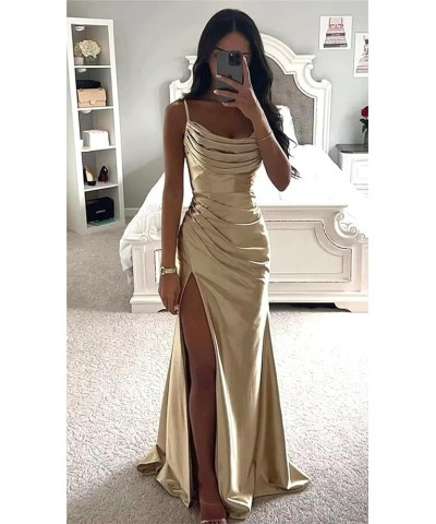 Women's Spaghetti Straps Satin Bridesmaid Dresses Long Cowl Neck Mermaid Formal Party Dresses with Slit QA095 Coral $26.68 Dr...