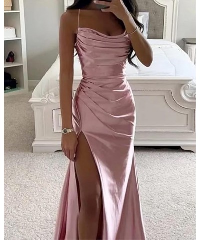 Women's Spaghetti Straps Satin Bridesmaid Dresses Long Cowl Neck Mermaid Formal Party Dresses with Slit QA095 Coral $26.68 Dr...