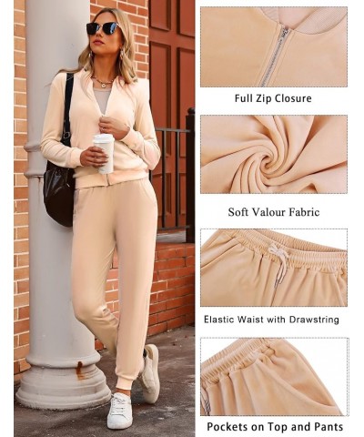 Women's Velour Tracksuit Full Zip Up Sweatsuits Set 2 Piece Outfits Jogger Set Beige 1 $19.75 Activewear