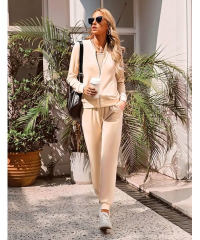 Women's Velour Tracksuit Full Zip Up Sweatsuits Set 2 Piece Outfits Jogger Set Beige 1 $19.75 Activewear