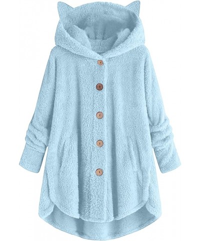 Women Warm Fleece Jacket Plus Size Winter Hooded Coat Solid Plush Jacket Cute Fall Outfit Button Long Sleeve Cardigan With Ea...