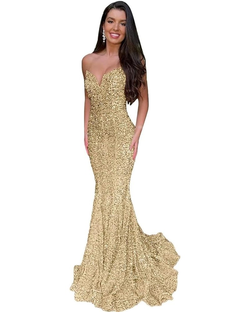 Mermaid Sequin Prom Dresses 2023 Long Formal Dresses with Train Strapless Backless V-Neck Trumpet Evening Gowns for Women Cha...