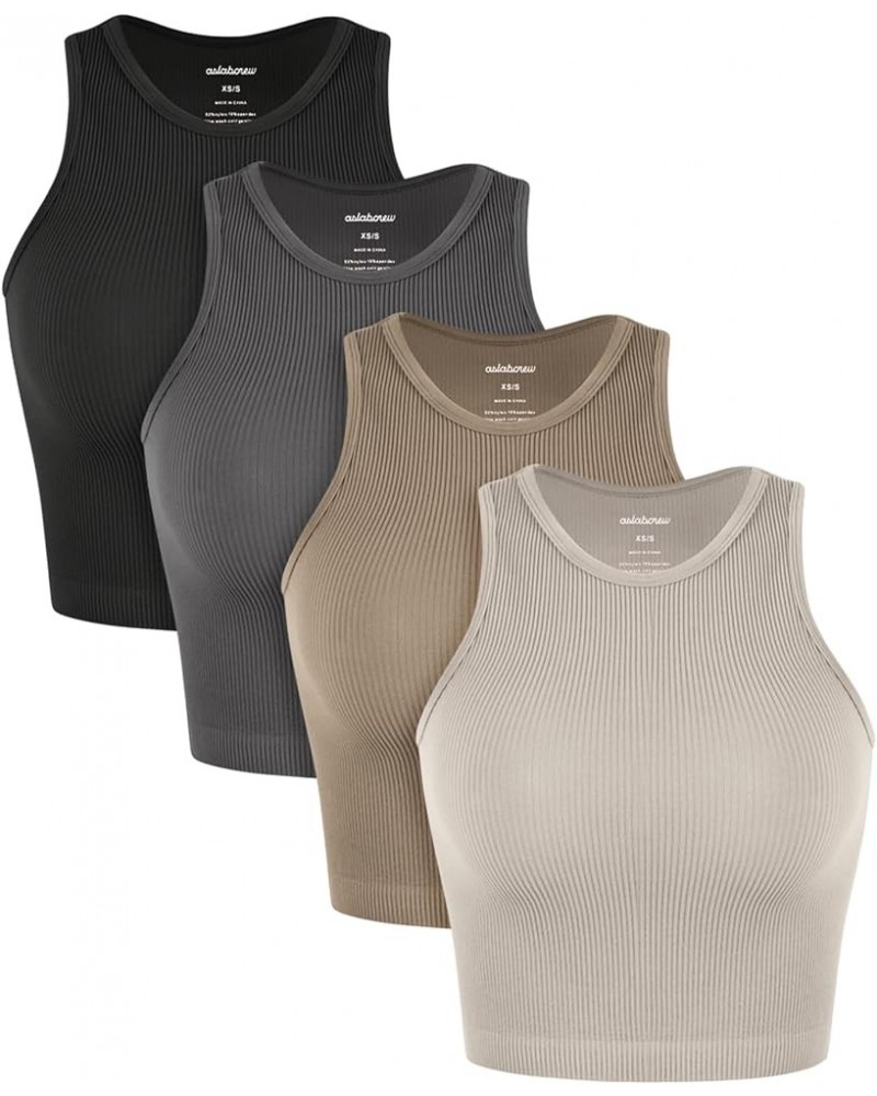 4 Piece Seamless Tank Tops for Women High-Neck Rib-Knit Sleeveless Comfy Tanks Mushroom+taupe+charcoal+black $8.99 Tanks