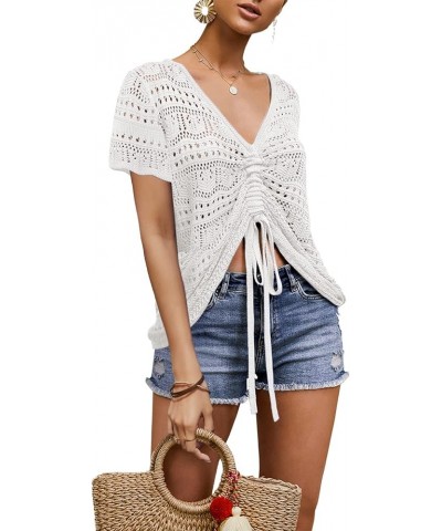 Womens Boho Off Shoulder Sheer Crop Tops Bell Sleeve Flowy Oversized Crochet Ruched Pullover Sweaters Z1 White $26.93 Sweaters