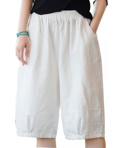 Women's Bermuda Shorts Casual Linen Cotton Relaxed Fit Elastic Waist Half Shorts with Pockets White $17.48 Shorts