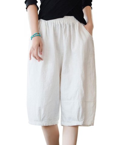 Women's Bermuda Shorts Casual Linen Cotton Relaxed Fit Elastic Waist Half Shorts with Pockets White $17.48 Shorts