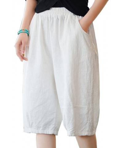 Women's Bermuda Shorts Casual Linen Cotton Relaxed Fit Elastic Waist Half Shorts with Pockets White $17.48 Shorts