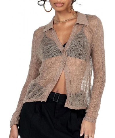 Cardigan Sweaters for Women Crochet Tie Front Long Sleeve Aesthetic Crop Top Summer Cover Ups Shrugs Brown A2 $10.25 Sweaters