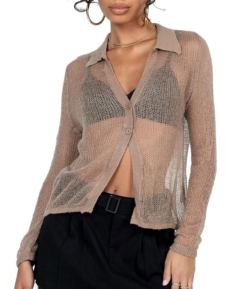 Cardigan Sweaters for Women Crochet Tie Front Long Sleeve Aesthetic Crop Top Summer Cover Ups Shrugs Brown A2 $10.25 Sweaters