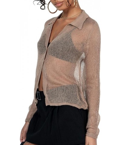 Cardigan Sweaters for Women Crochet Tie Front Long Sleeve Aesthetic Crop Top Summer Cover Ups Shrugs Brown A2 $10.25 Sweaters