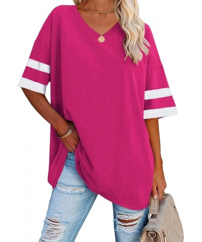 Women's Striped Oversized T Shirts V Neck Tees Half Sleeve Comfy Cozy Cotton Tunic Tops with Pockets 02-rose Red $12.99 Tops