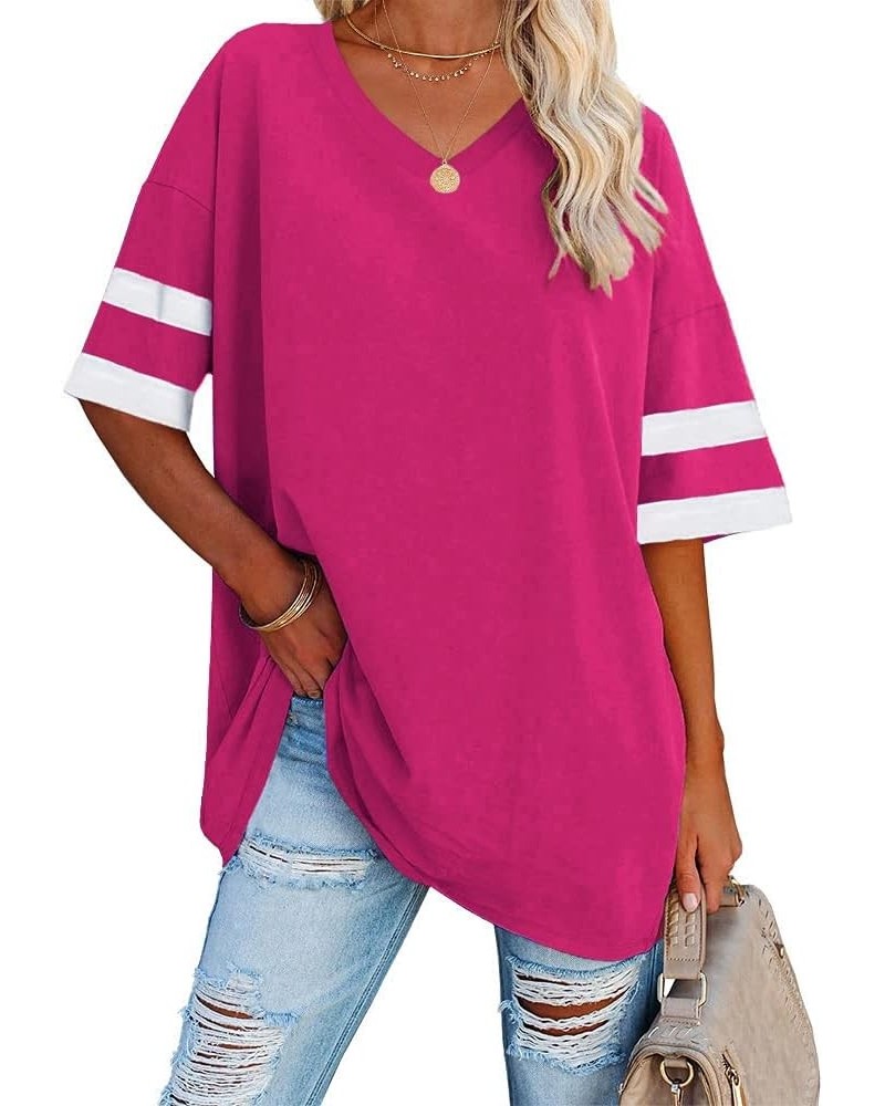 Women's Striped Oversized T Shirts V Neck Tees Half Sleeve Comfy Cozy Cotton Tunic Tops with Pockets 02-rose Red $12.99 Tops