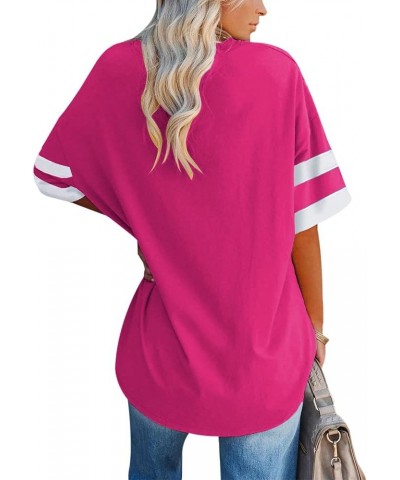 Women's Striped Oversized T Shirts V Neck Tees Half Sleeve Comfy Cozy Cotton Tunic Tops with Pockets 02-rose Red $12.99 Tops