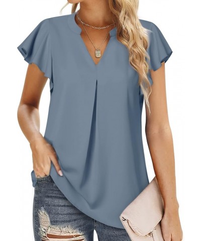 Women's Chiffon Blouse Ruffle V Neck Short Sleeve Summer Shirt Tops Blue Grey $16.00 Blouses